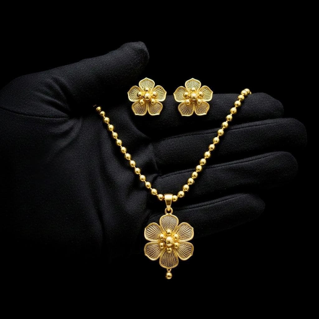 Gold Floral Necklace & Stud Set